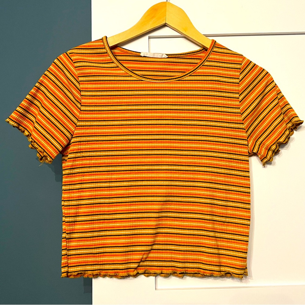 Caution to the Wind Retro look cropped stripe tee with frill edging